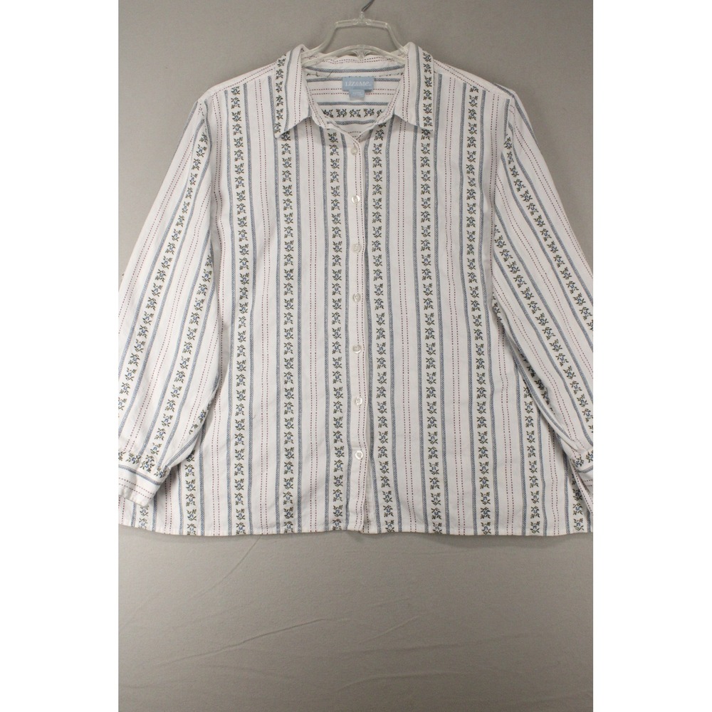 Liz & Me Button Down Shirt Womens 3X White Blue Floral Stripe Cotton Cottagecore